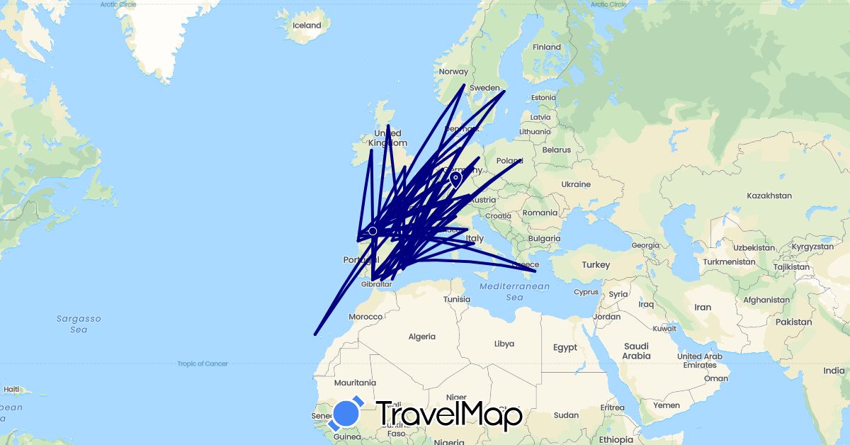 TravelMap itinerary: driving in Belgium, Switzerland, Germany, Denmark, Spain, France, United Kingdom, Greece, Ireland, Italy, Luxembourg, Netherlands, Norway, Poland, Sweden (Europe)